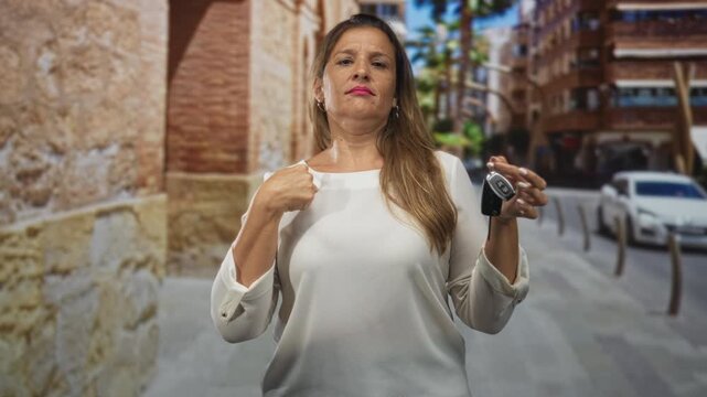 Woman holding car keys and points finger to chest on an urban street with stone wall and parked cars, frowning; frustration selfassertion.