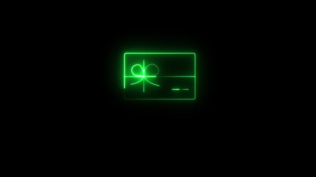 Glowing neon green icon of a gift card tied with a decorative ribbon bow against a black background. Animated gift card, promotional voucher, shopping reward, digital gift certificate icon
