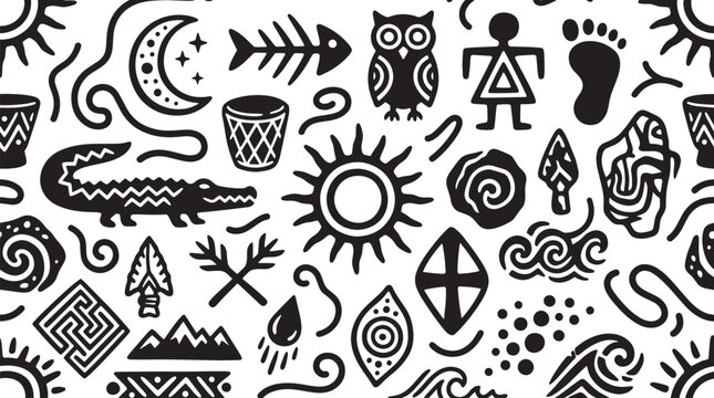 Tribal seamless pattern with ethnic symbols and animals, black and white aboriginal vector background, ancient cave art wallpaper with sun and moon
