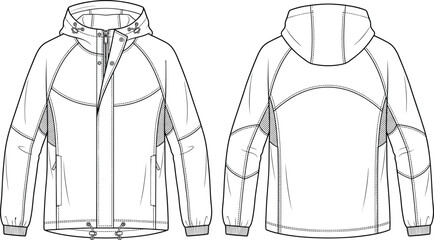 Technical fashion flat sketch of a hooded windbreaker jacket with front and back views vector illustration template © Mst