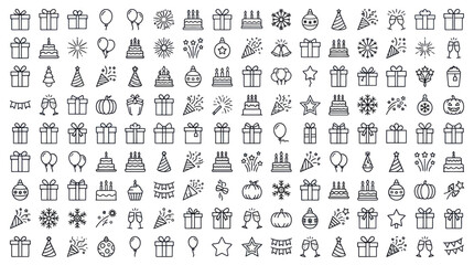 Obraz premium Gift and holiday celebration event line icons.