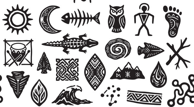 Tribal ethnic symbols and primitive cave painting icons, black and white indigenous folk art elements, ancient mystical petroglyph vector set