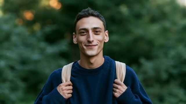 Young man holding backpack straps outdoors portrait for lifestyle background and education banner design