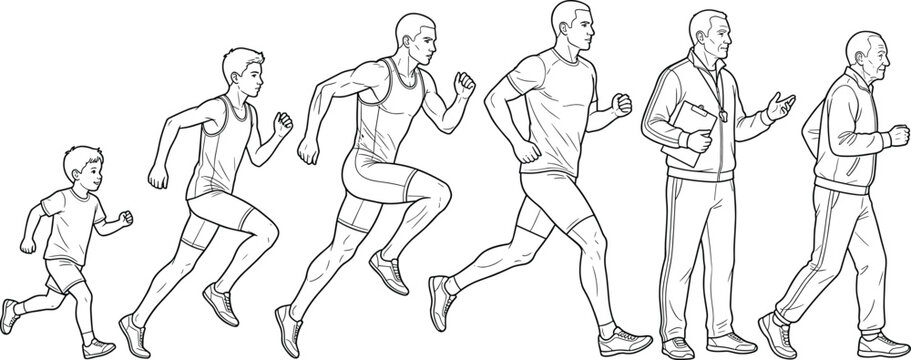 Vector illustration showing the aging process of a male runner from childhood to an elderly man jogging