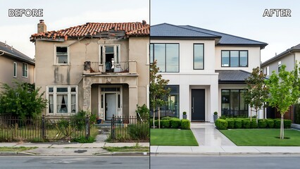 Fototapeta premium Home renovation project showing a dilapidated house contrasted with a sleek modern luxury villa