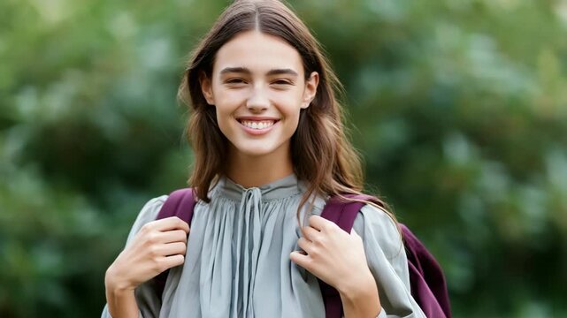 Young woman student smiling outdoors with backpack close-up portrait for lifestyle banner background and website hero