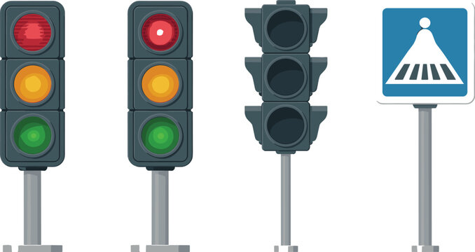 Flat Vector Traffic Light Icon Set with Red Amber Green Semaphores and Blue Pedestrian Zebra Crossing Road Safety Sign Elements for Urban Transportation Infrastructure Designs