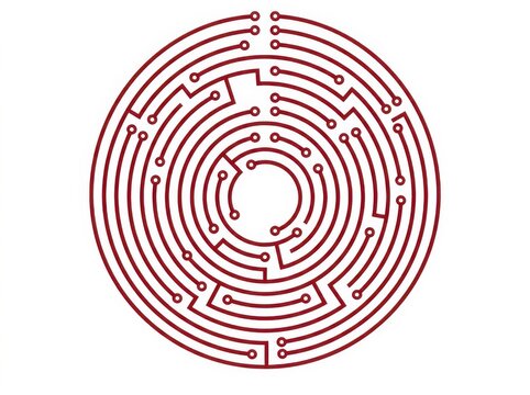 Red circular circuit board pattern on a clean white background