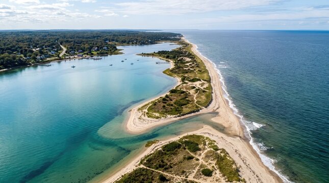 Aerial perspective of narrow sandbar between turquoise waters.