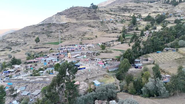 4K Aerial Drone: Destroyed adobe house after an earthquake in Pumpunya, Chongos Alto, Huancayo. Structural collapse in rural Andes, Peru.