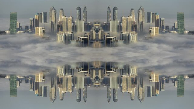 dubai with sea of clouds below the skyline made into abstract pattern
