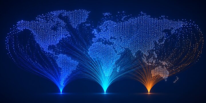 Digital world map formed by interconnected light particles and glowing fiber optic data streams representing global communication network.