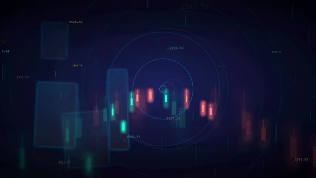 Abstract Digital Data Visualization with Glowing Financial Charts and Futuristic HUD Interface on Dark Background