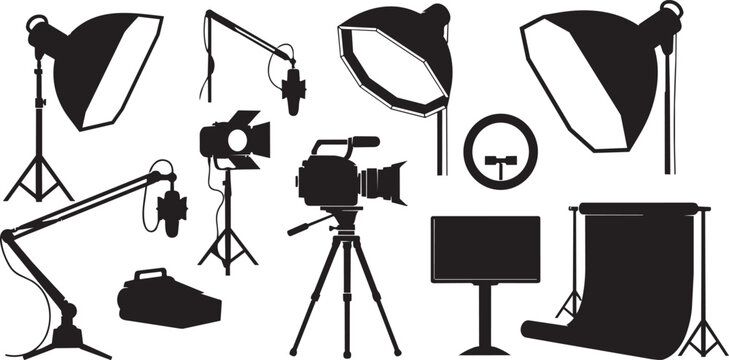 Professional photo studio equipment silhouettes, photography lighting gear and video production tools set, camera tripod and softbox vector icons