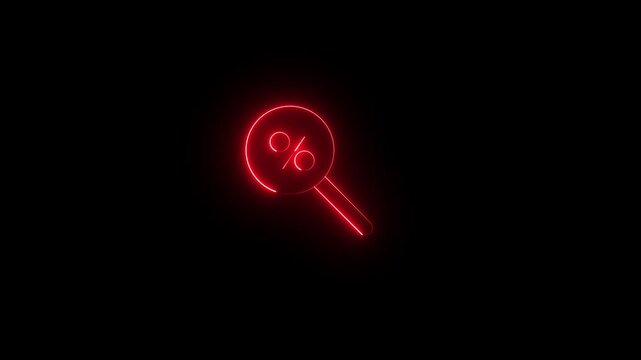 Glowing neon red icon of a magnifying glass containing a percent % symbol emblem inside its lens against a black background. Animated discount search tool, tax audit analysis, promotional code lookup