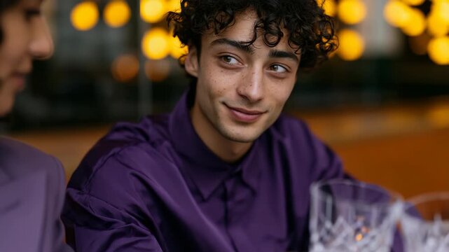 Young adult male smiling and raising a glass in a warm evening bar with bokeh lights for social banner and portrait background