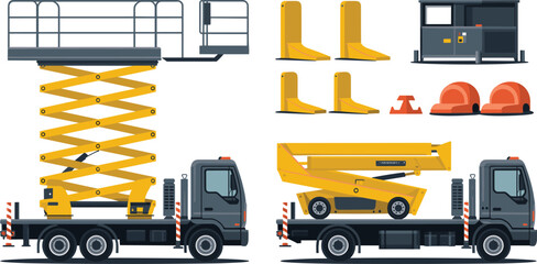 Flat Vector Scissor Lift Truck and Aerial Work Platform Set with Boom Lift, Transport Vehicles, Safety Chocks, and Industrial Construction Machinery © Mst