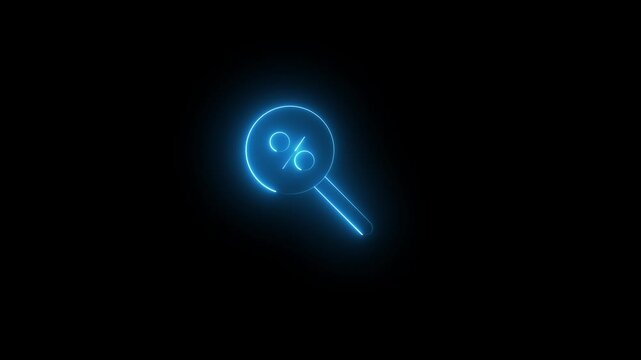 Glowing neon blue icon of a magnifying glass containing a percent % symbol emblem inside its lens against a black background. Animated discount search tool, tax audit analysis, promotional code lookup