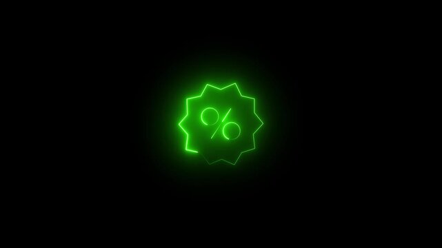 Glowing neon green icon of a percent sign inside a starburst/badge outline against a black background. Animated discount offer, special promotion, sale badge, interest rate, or price tag icon .