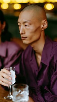 Young man in purple shirt raising crystal glass at evening gathering for banner background and lifestyle poster use
