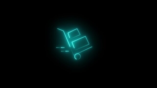 Glowing neon cyan icon of a hand truck or hand trolley carrying package boxes against a black background. Animated order shipping, delivery service, logistics, fast freight, or cargo transport icon