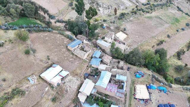 4K Aerial Drone: Destroyed adobe house after an earthquake in Pumpunya, Chongos Alto, Huancayo. Structural collapse in rural Andes, Peru.
