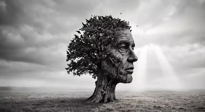 Surreal tree with human face transforming into birds under dramatic sky