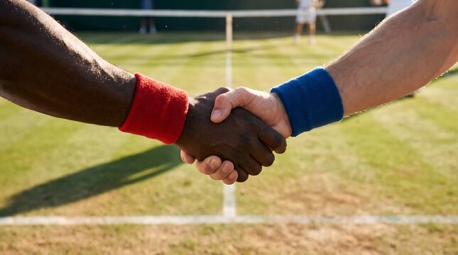 Two tennis players shaking hands on the court after a match.