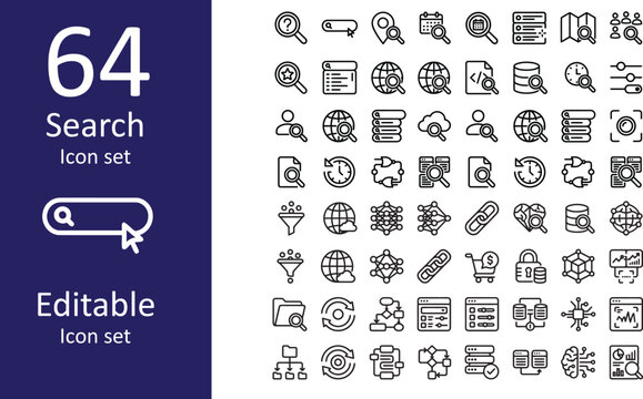 Collection of sixty four flat line icons representing search and various concepts