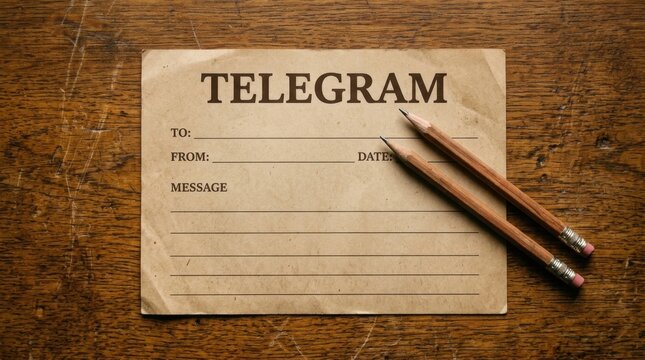 Blank vintage telegram form and pencils on scratched wood table