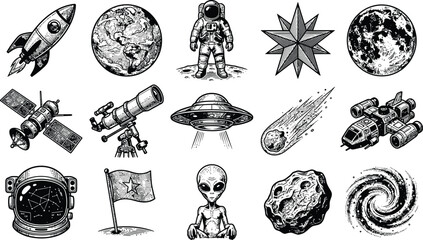 Hand drawn space exploration vector icon set vintage sketch illustration with astronaut rocket planet satellite alien telescope and galaxy accessories © ΠISH4N I5L4M