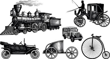 Vintage Transportation Vector Set Featuring Hand Drawn Engraving Style Steam Locomotive Train Horse Carriage Classic Automobile and Penny Farthing Bicycle © MdMostafijur