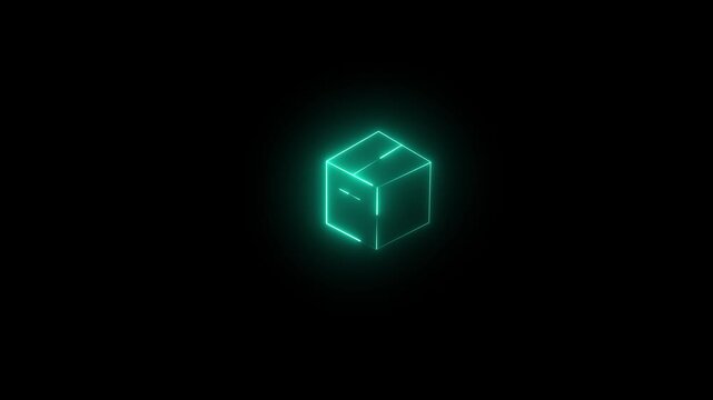 Glowing neon line art icon of a 3D isometric package box. Animated shipping, parcel, or delivery box overlay on a black background. Glowing neon box icon animition 