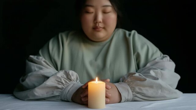 Contemplative portrait of a person holding a lit candle in candlelight for meditation background and calming wellness banner design