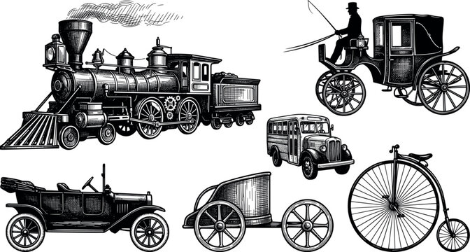 Vintage Transportation Vector Set Featuring Hand Drawn Engraving Style Steam Locomotive Train Horse Carriage Classic Automobile and Penny Farthing Bicycle