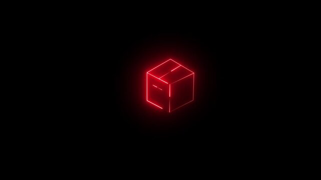 Glowing neon red line art icon of a 3D isometric package box. Animated shipping, parcel, or delivery box overlay on a black background. Glowing red neon box icon animition 