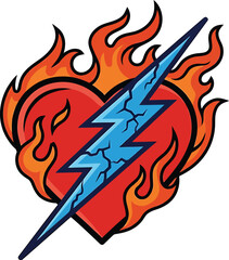 Naklejka premium Red heart icon with blue lightning bolt and orange flames vector illustration for graphic design projects