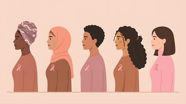 Empowering women breast cancer awareness month illustration with diverse portraits
