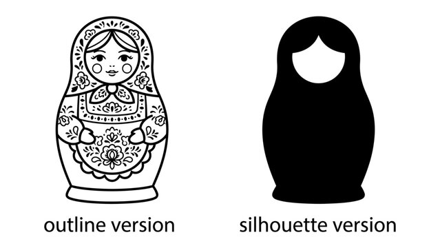 Russian Nesting Dolls: An outline drawing of a traditional Russian nesting doll alongside its silhouette counterpart, showcasing intricate details and stark simplicity.