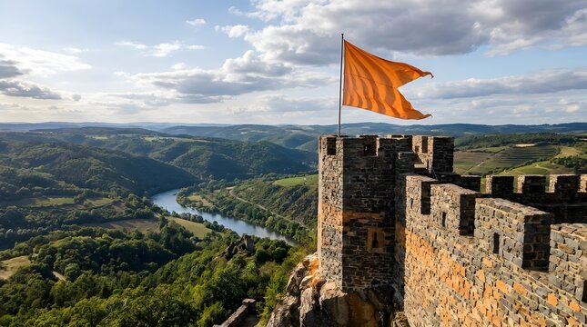 Vibrant saffron flag flies from ancient stone fortress overlooking scenic valley.