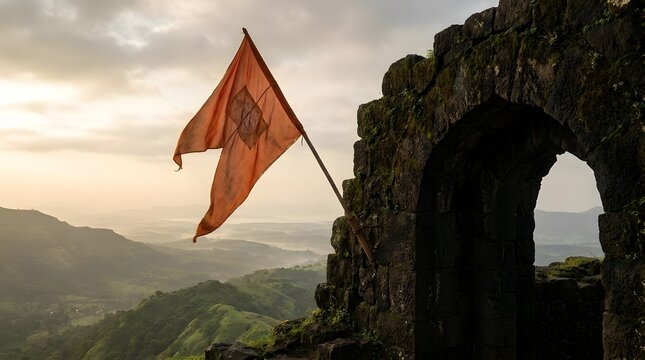 Saffron flag waving on an ancient stone fort gate in India at sunrise