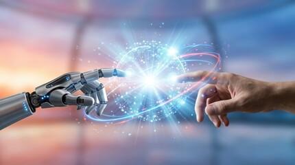 Fototapeta premium Human hand touches robotic arm on glowing global AI network connection