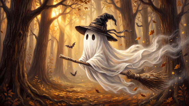 A whimsical ghost wearing a witch hat flying on a broomstick through a spooky forest.