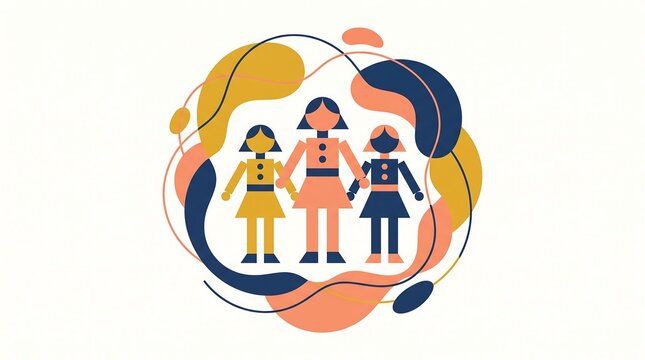 Abstract illustration of three women standing together inside a colorful organic shape frame.