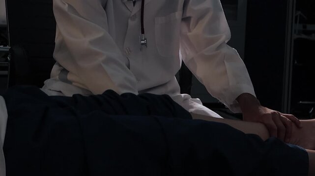 Doctor examining and supporting injured ankle of female patient in hospital room, providing medical assistance and treatment for sprain or fracture