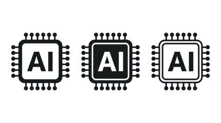Fototapeta premium Set of three minimalist artificial intelligence microchip icons with bold AI text on white background