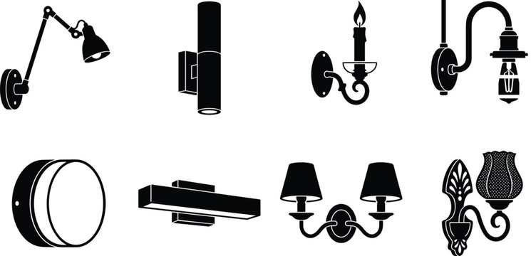 Wall Light Silhouette Icon Set with Modern and Vintage Sconce Designs