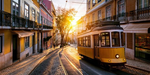 Obraz premium Yellow tram28 glides along a narrow historic cobblestone street, flanked by traditional buildings as the sun sets