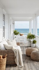 Naklejka premium Airy coastal porch seating with woven sofa, poufs and ocean view for banner and background use in seaside home decor and vacation lifestyle design