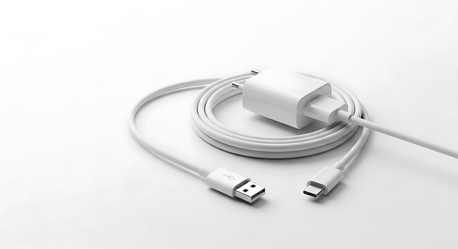 White usb c power adapter and cable displayed on a plain white surface studio lighting